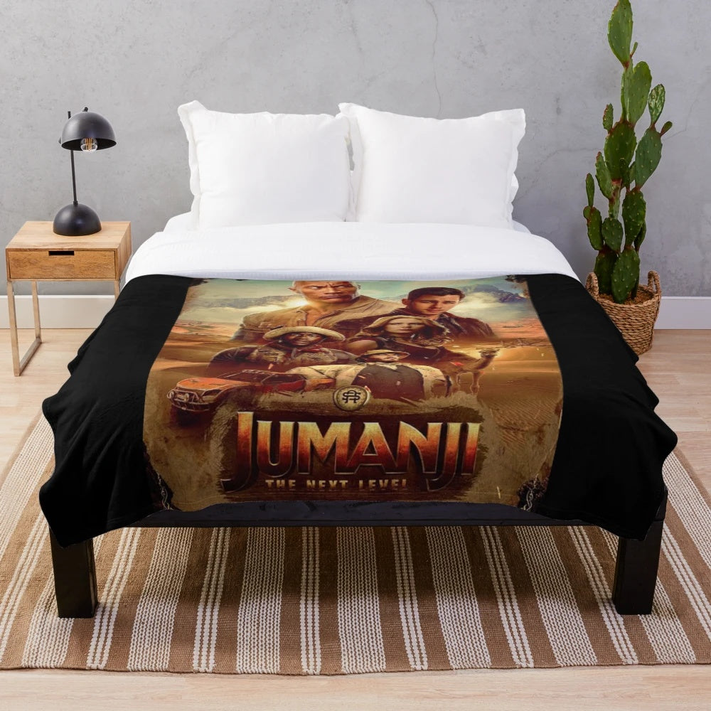 Jumanji movie-inspired plush blanket with jungle animals and Robin Williams design