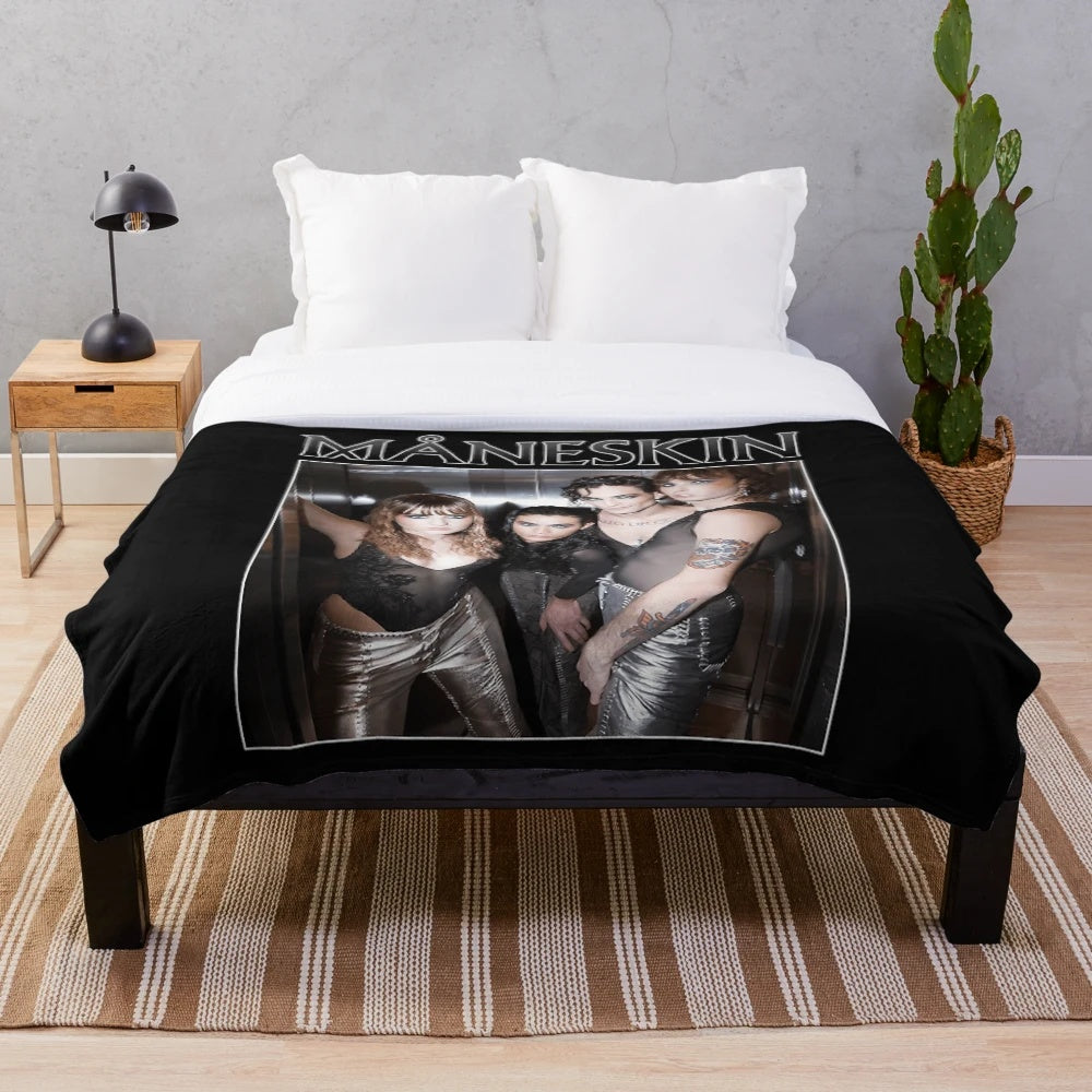 Vintage-inspired Maneskin themed plush blanket with band logo and members
