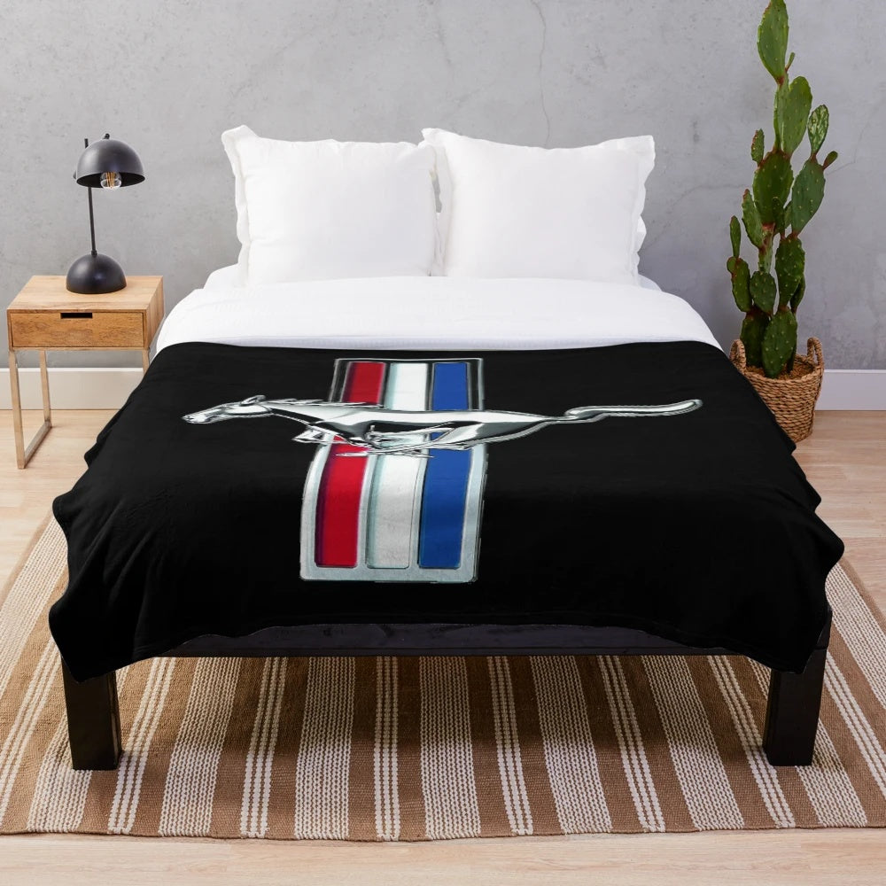 Vintage-inspired plush blanket featuring a high-resolution graphic of a classic Mustang emblem