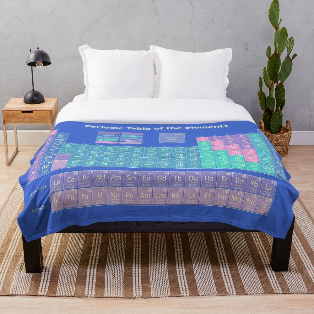 Colorful plush blanket with vintage-style periodic table of the elements design