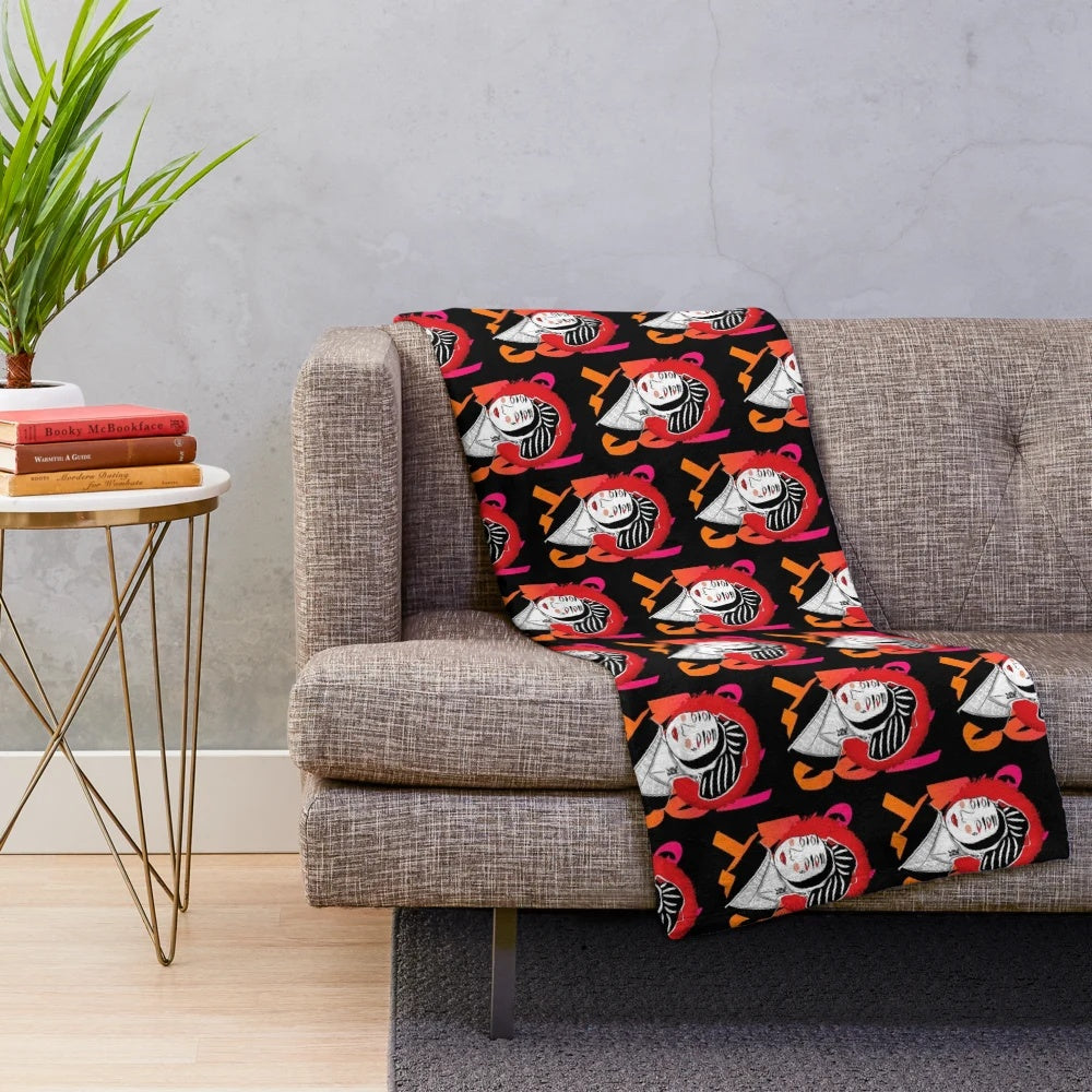 Vintage-inspired "Pin-Up Geisha" plush blanket with abstract, minimalist design