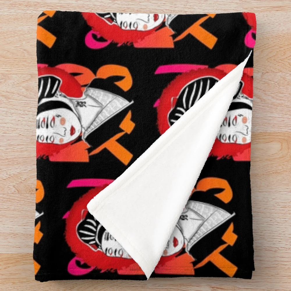 Vintage-inspired "Pin-Up Geisha" plush blanket with abstract, minimalist design