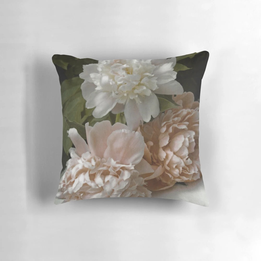 Vintage-style pink peony floral pillow for a feminine, cottage-inspired home