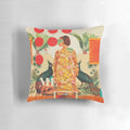 Vintage-inspired botanical collage pillow with retro birds and floral typography