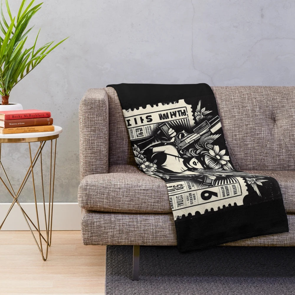 Vintage-inspired plush blanket featuring classic cinema ticket design