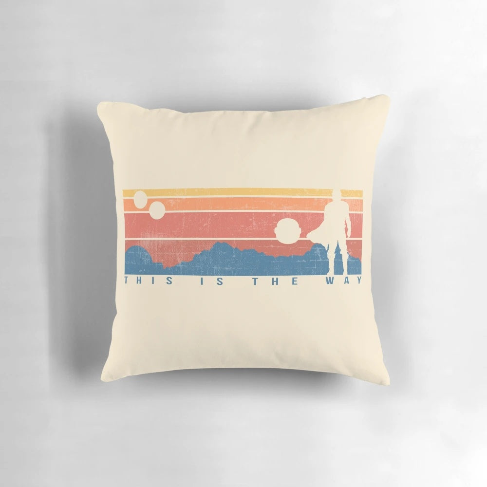 Vintage-style retro pillow featuring a sunset/sunrise design with Mandalorian-inspired elements