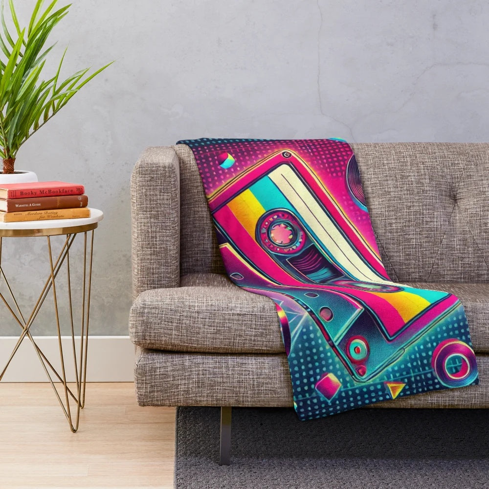 Retro plush blanket featuring a vintage cassette tape design