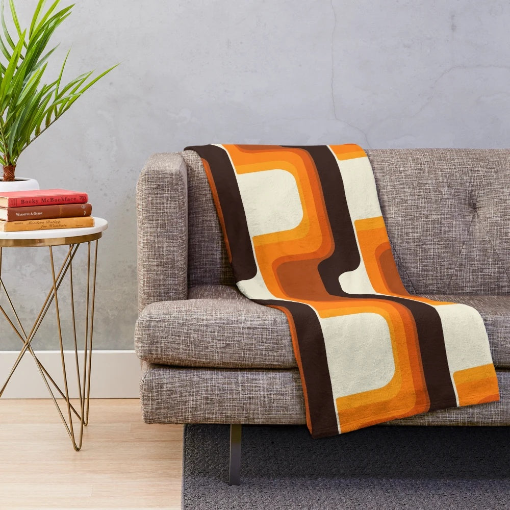 Vibrant orange retro plush blanket with midcentury modern inspired design