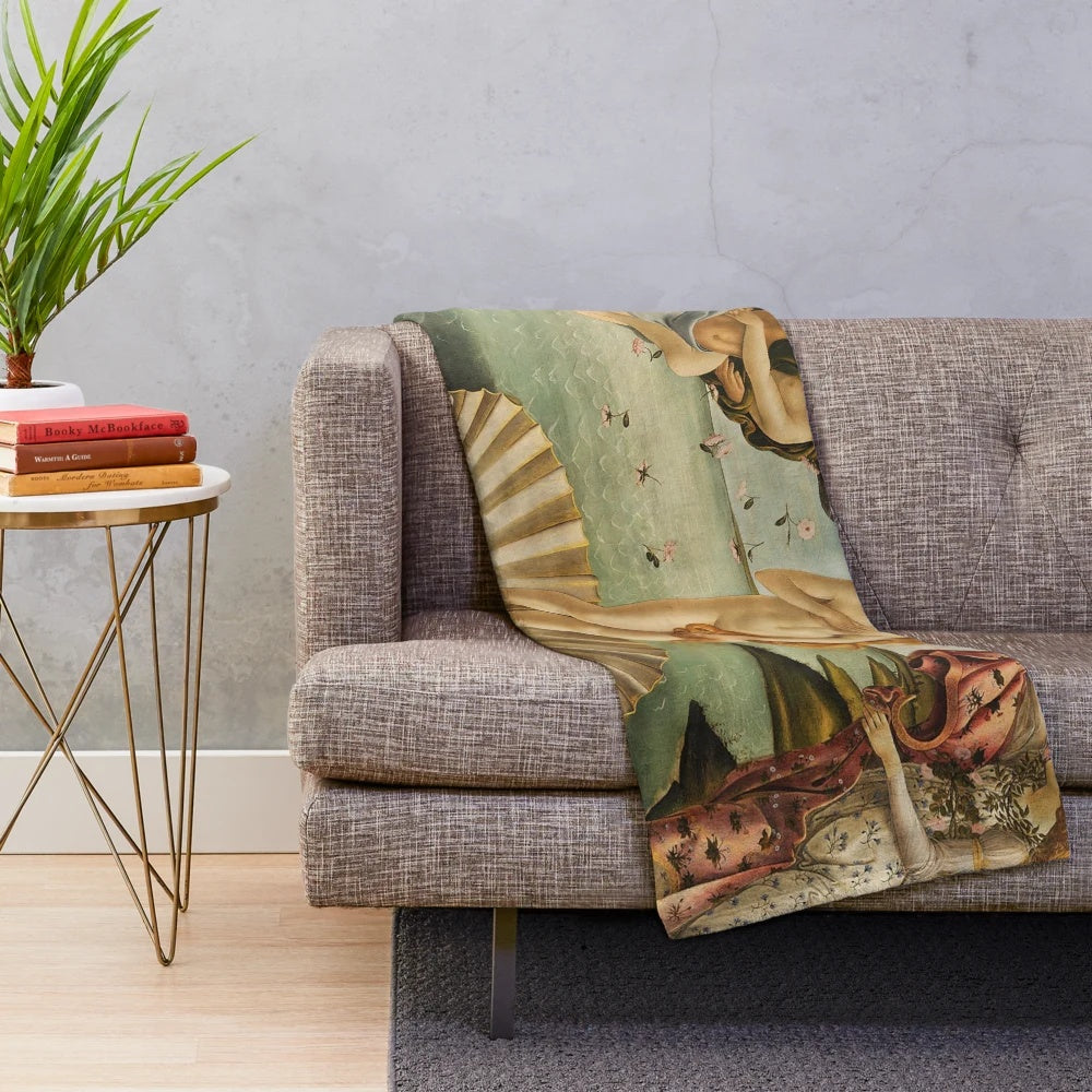 Sandro Botticelli-inspired plush blanket featuring the Greek goddess Venus emerging from the sea
