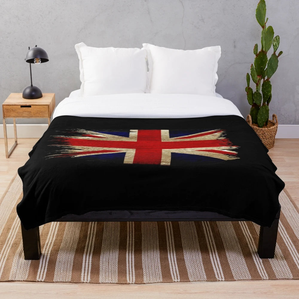 Vintage Union Jack plush blanket with a retro, grunge-style texture