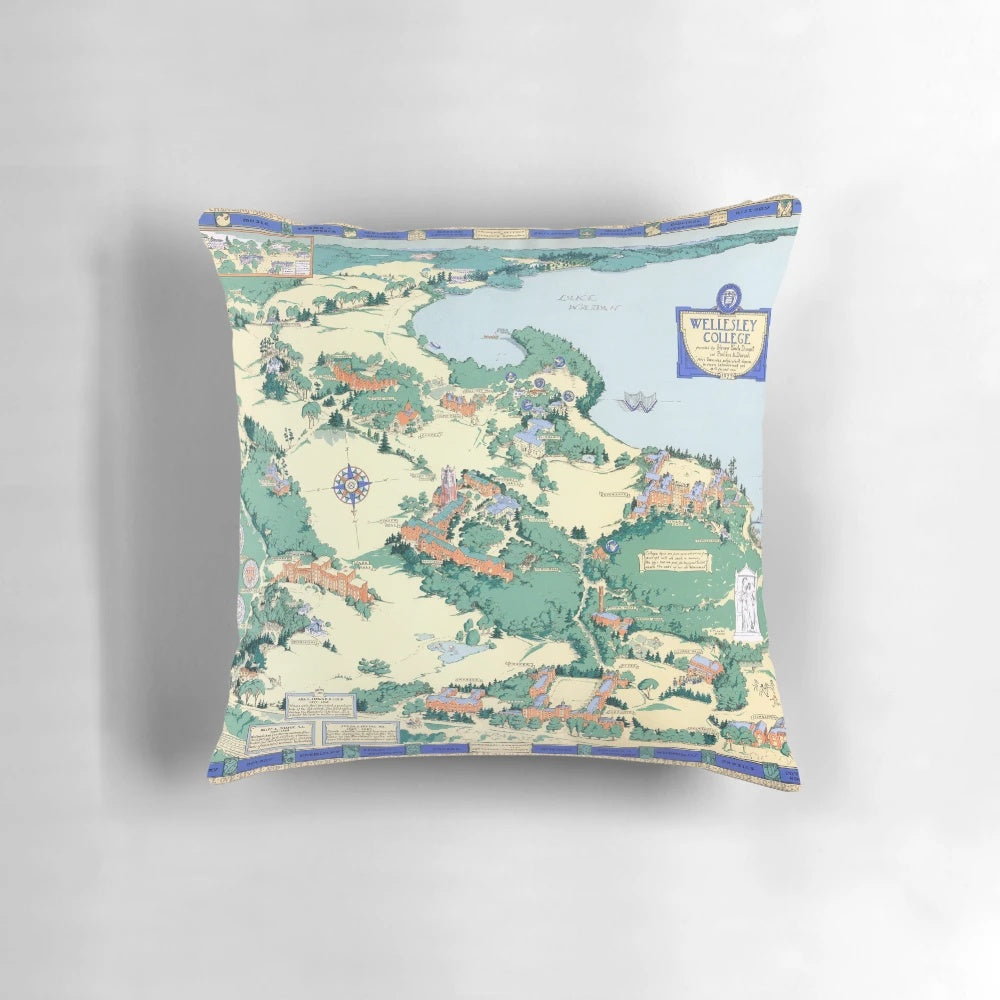 A vintage-inspired pillow featuring a map of Wellesley College campus in Massachusetts.