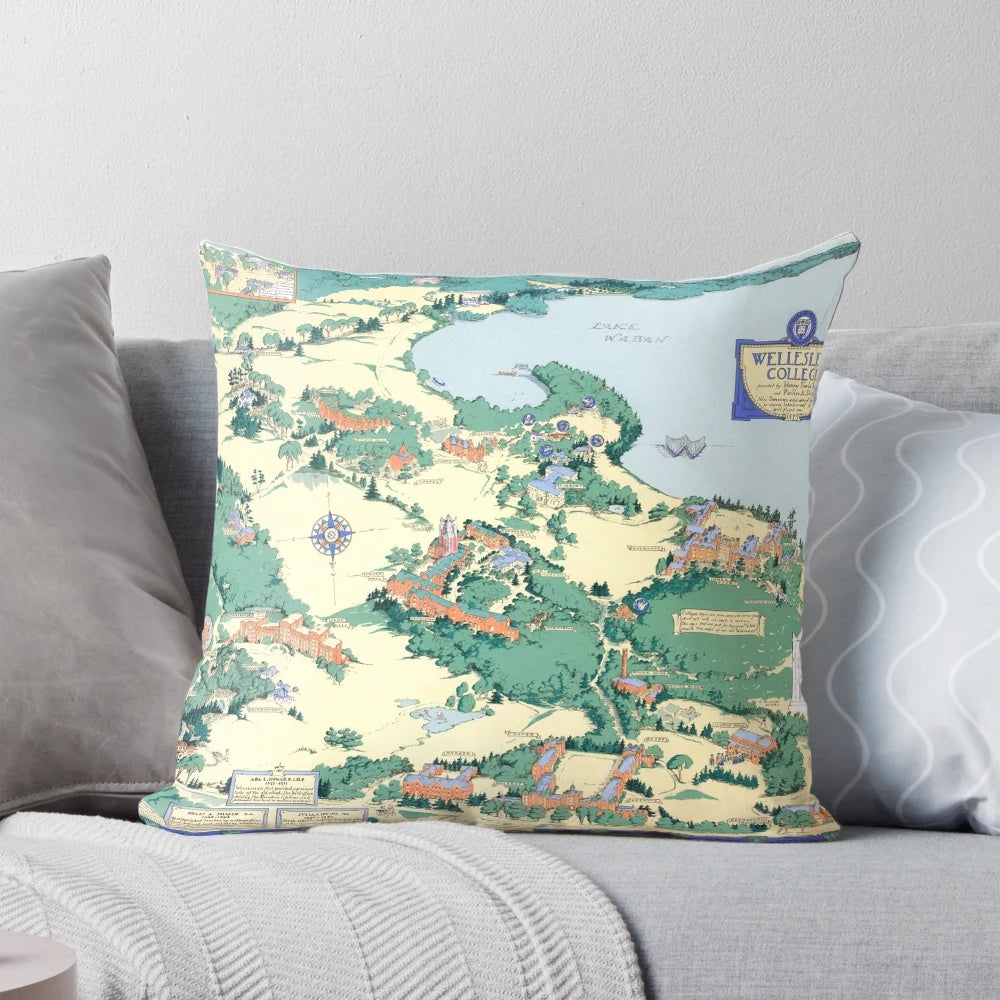 A vintage-inspired pillow featuring a map of Wellesley College campus in Massachusetts.