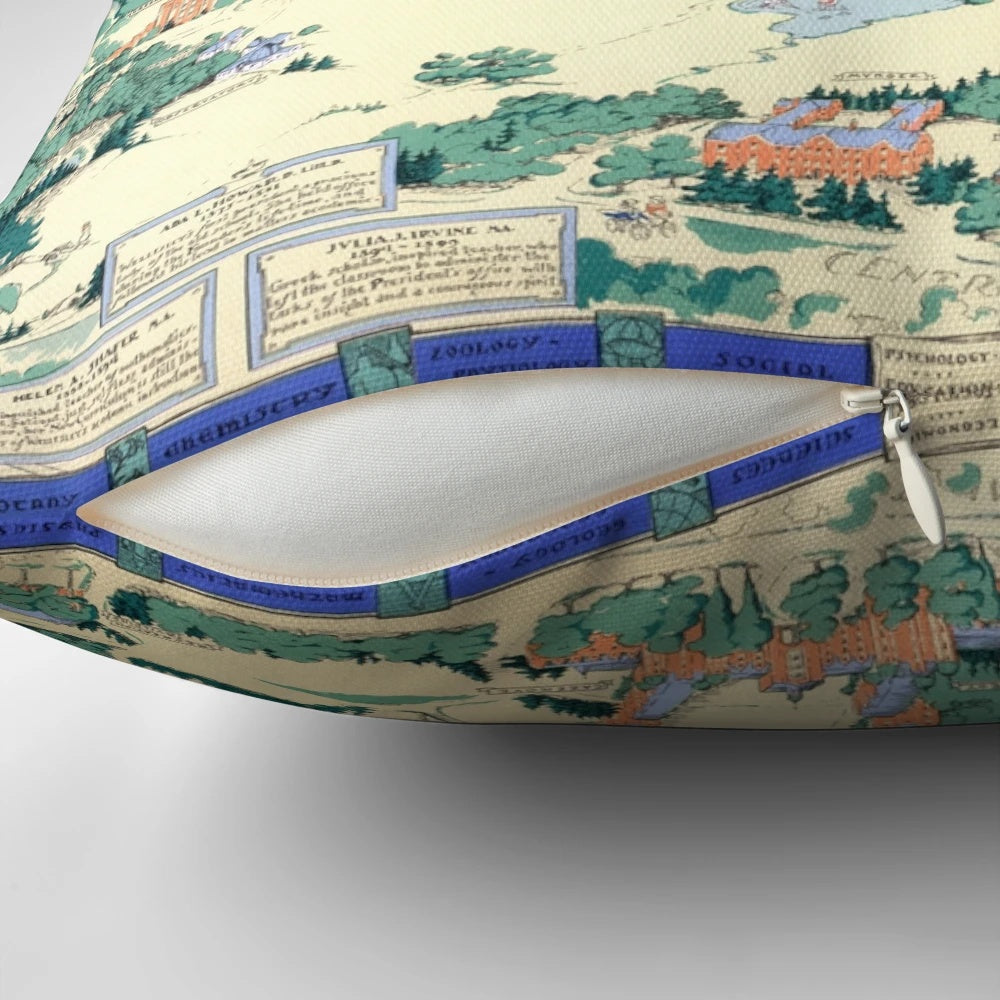 A vintage-inspired pillow featuring a map of Wellesley College campus in Massachusetts.