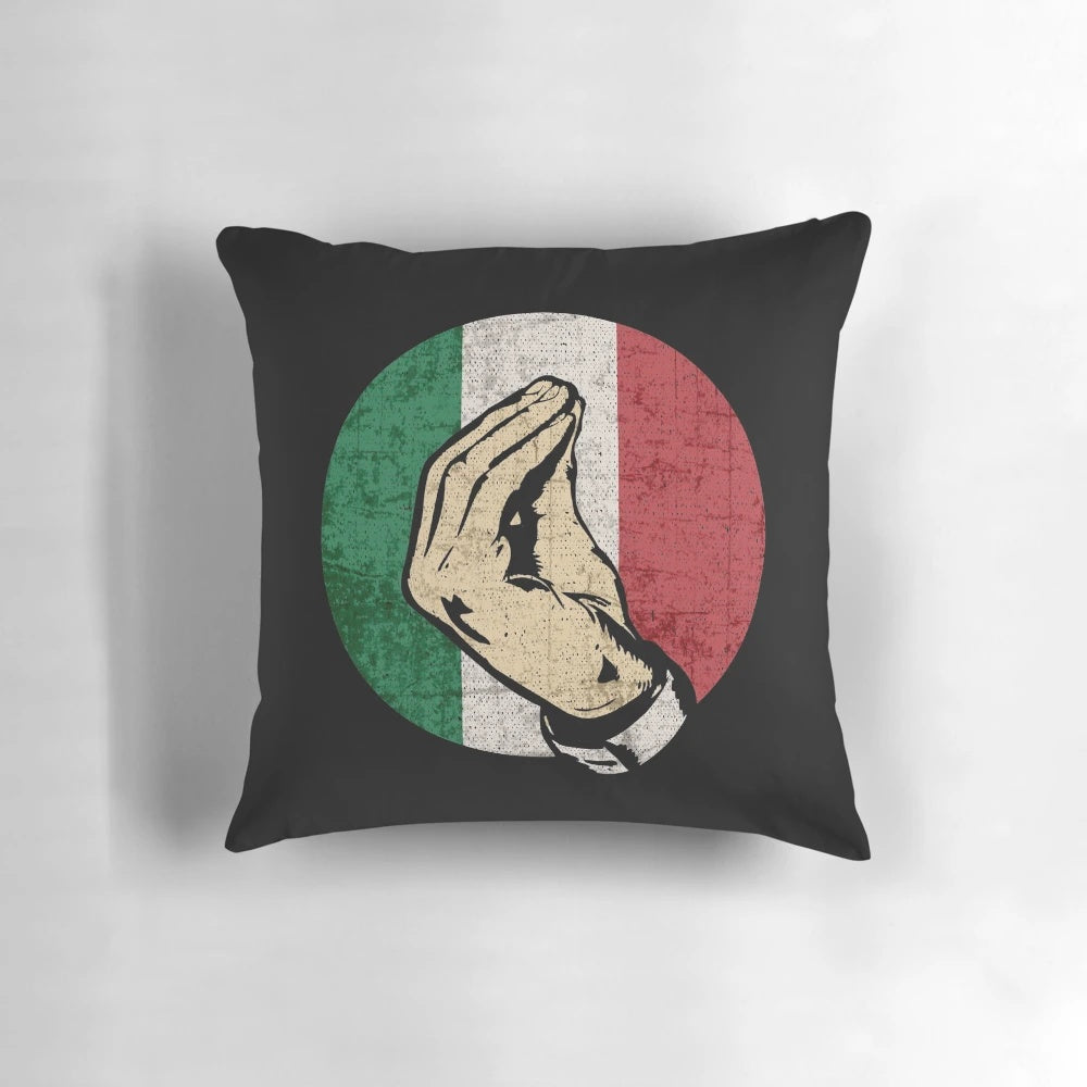 Vintage Italian hand gesture pillow featuring the Italian flag and Italy's love for football and soccer