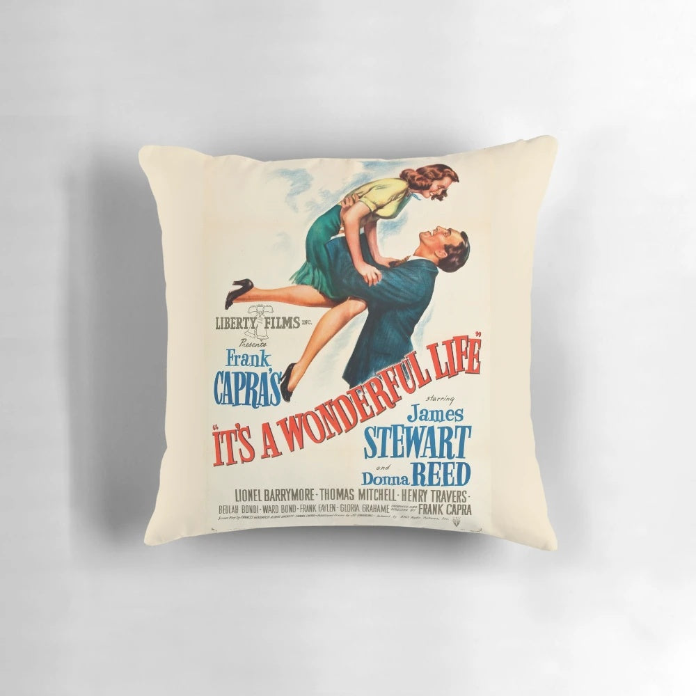 Vintage 'It's a Wonderful Life' movie cover printed on a soft, comfortable pillow.
