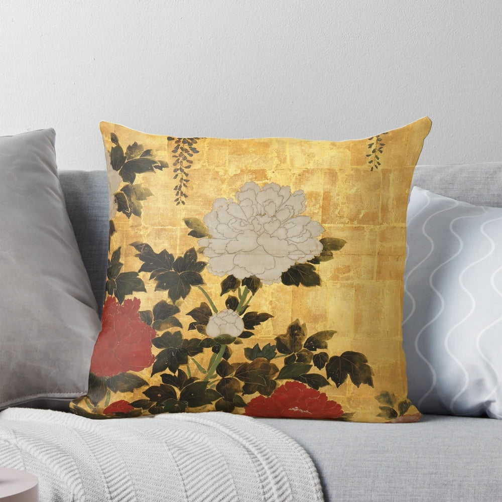 Vintage Japanese floral gold leaf screen pillow featuring wisteria and peonies
