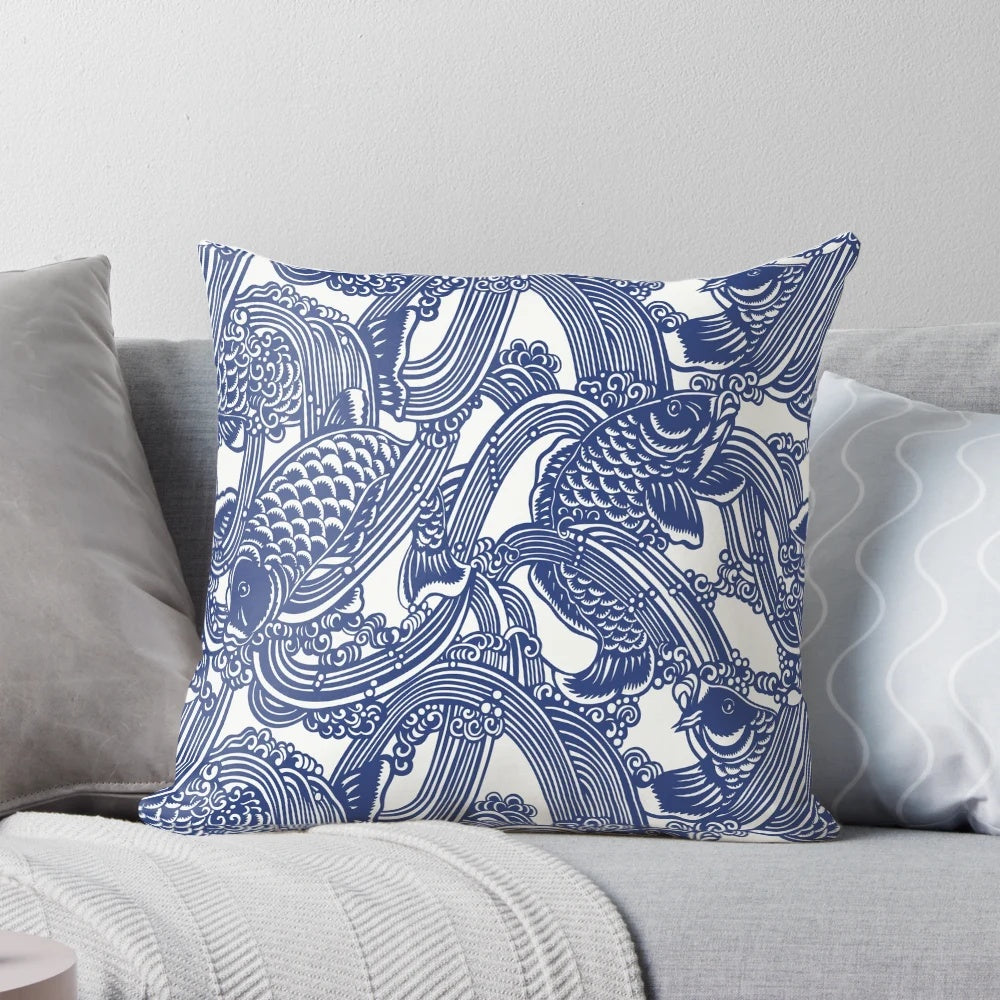 Vintage Japanese-inspired koi fish print on a decorative throw pillow.