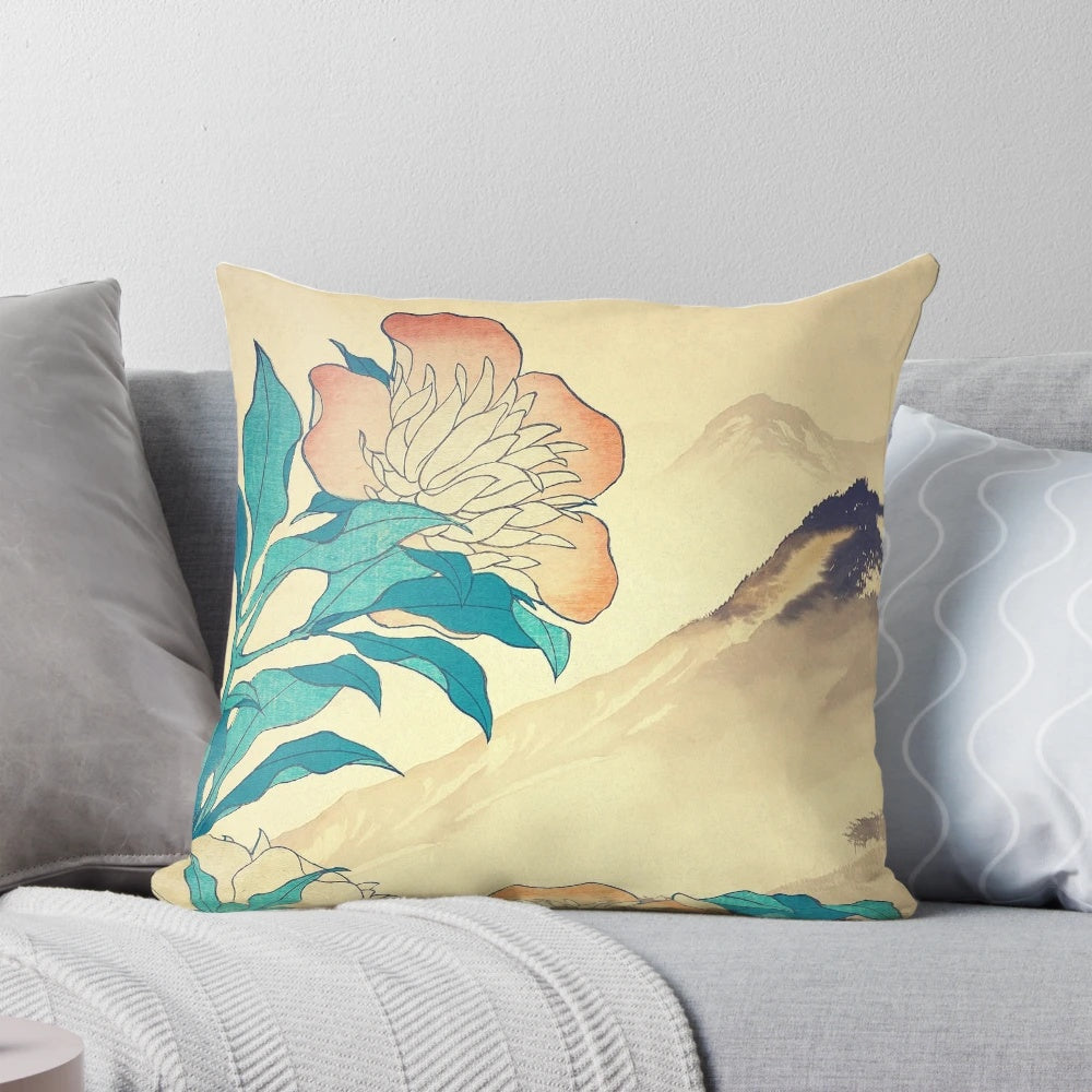 Mutual Admiration in Dana - Nature Landscape Pillow with Japanese Floral and Mountain Scenery