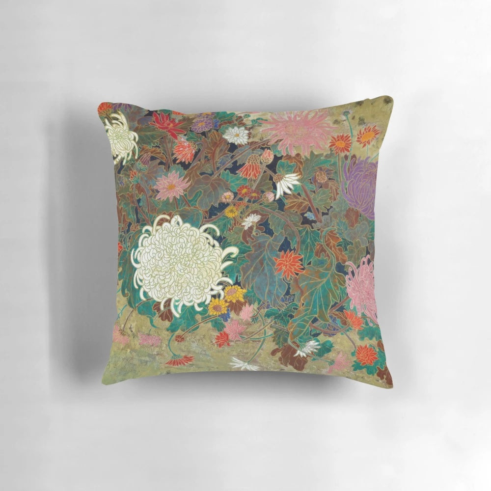 Vintage Japanese-style painting of colorful flowers on a decorative throw pillow.