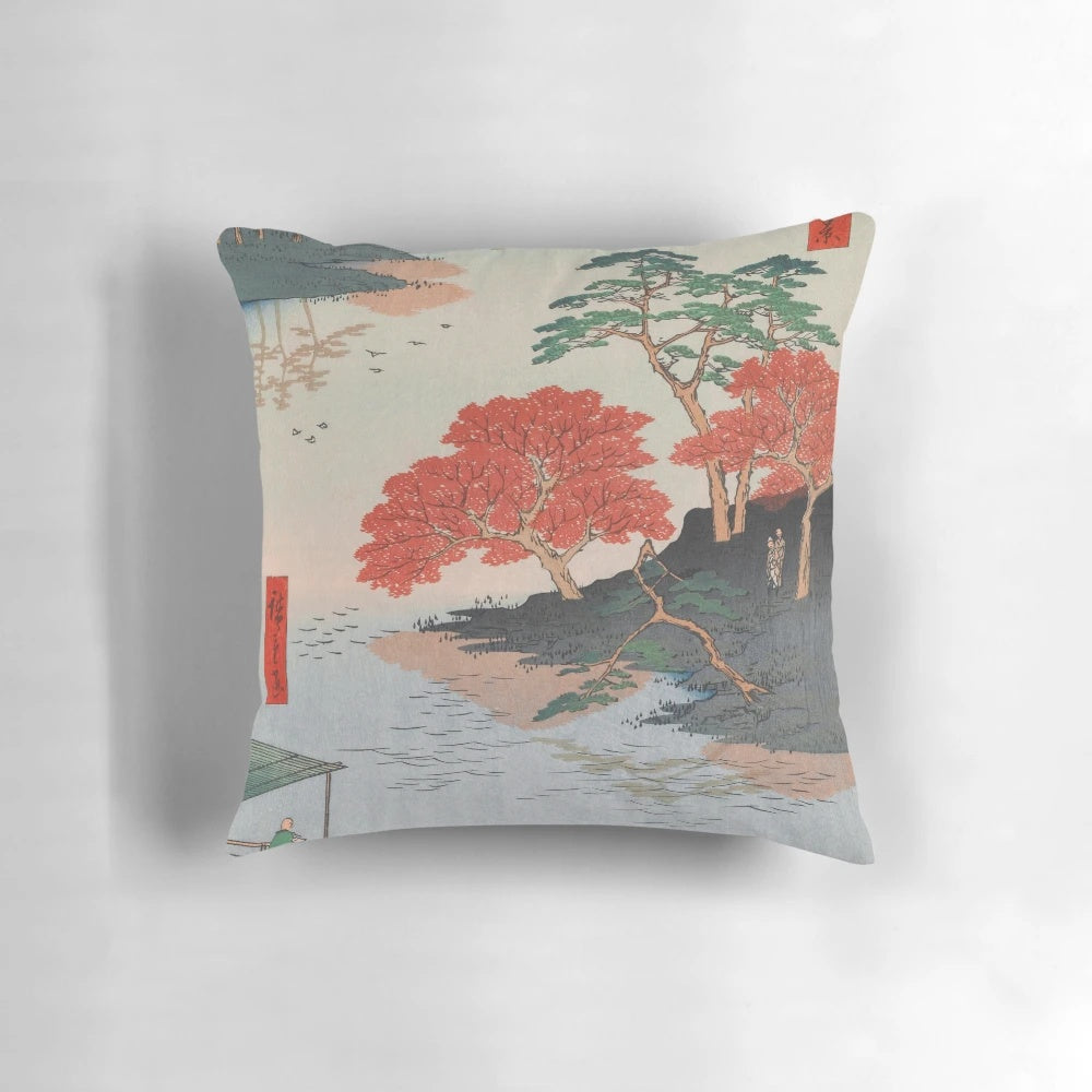 Vintage Japanese Ukiyo-e art pillow featuring an autumn landscape scene of Akiba Shrine with maple trees.