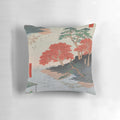 Vintage Japanese Ukiyo-e art pillow featuring an autumn landscape scene of Akiba Shrine with maple trees.