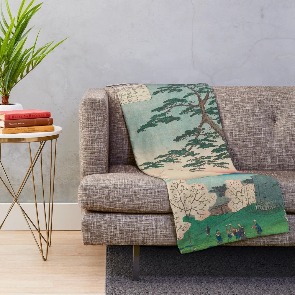 Vintage Japanese ukiyo-e inspired plush blanket with woodblock print design