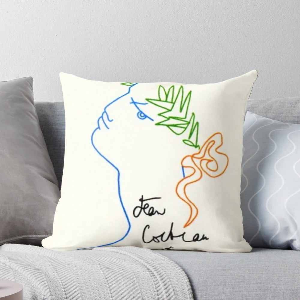 Vintage Jean Cocteau art pillow featuring a retro Paris exhibition litograph design