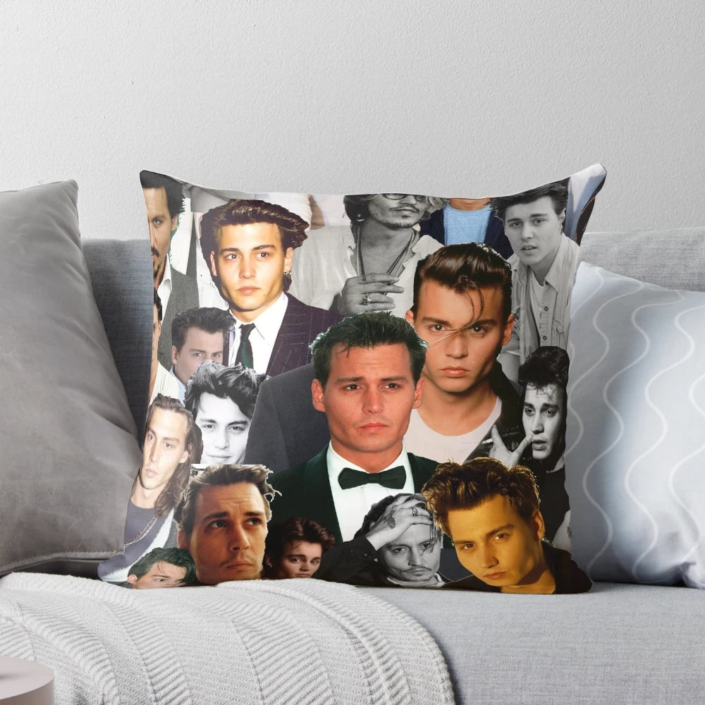 Vintage-style collage pillow featuring iconic images of actor Johnny Depp