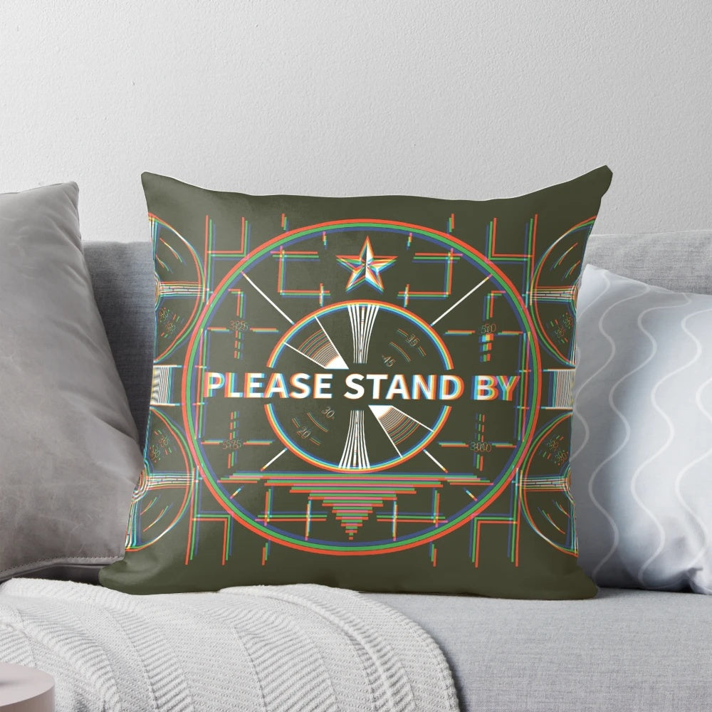 Vintage-style kaleidoscope pattern pillow with retro TV static and "Please Stand By" design for a nostalgic, nerdy touch.