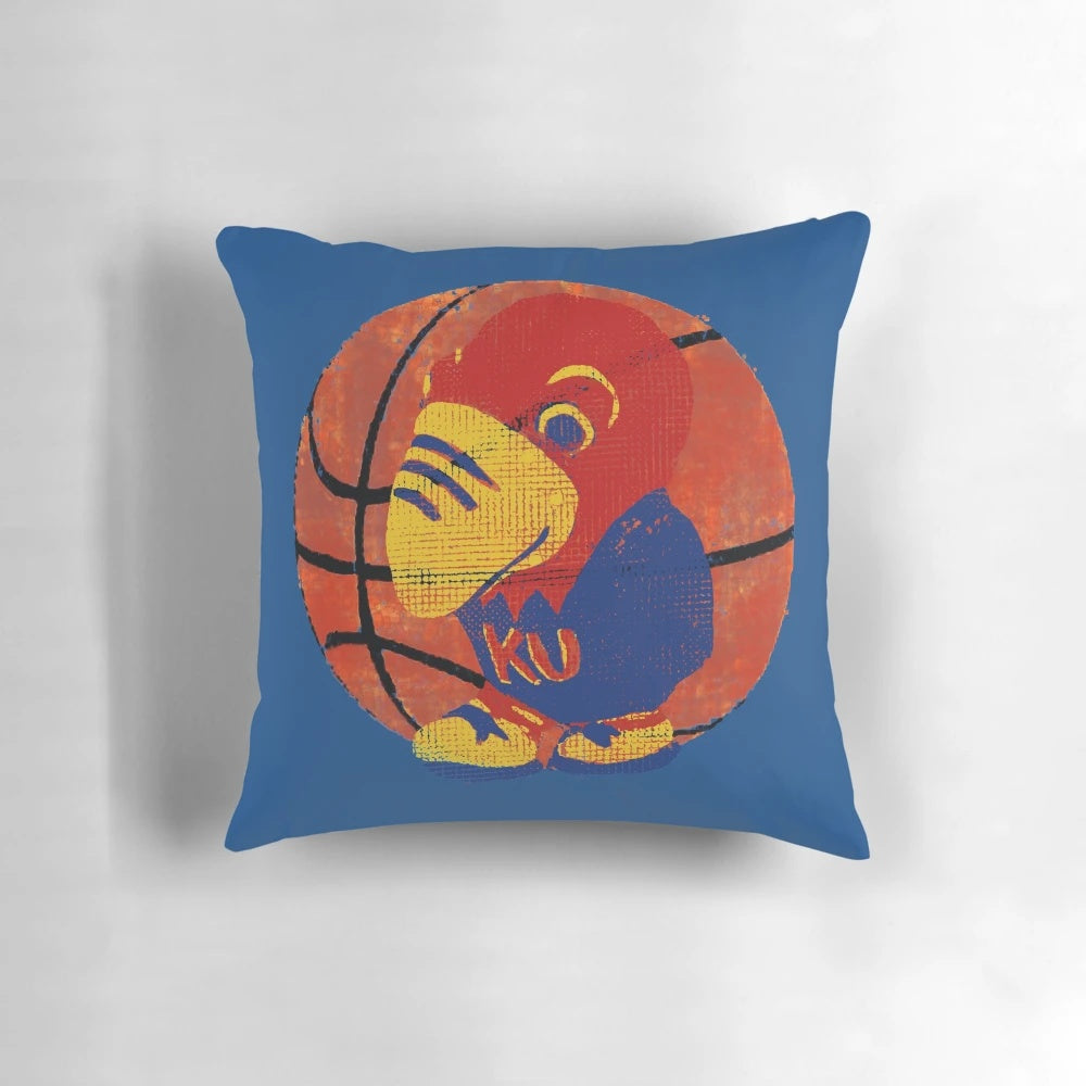 Vintage-style pillow featuring the iconic KU Jayhawks college basketball mascot