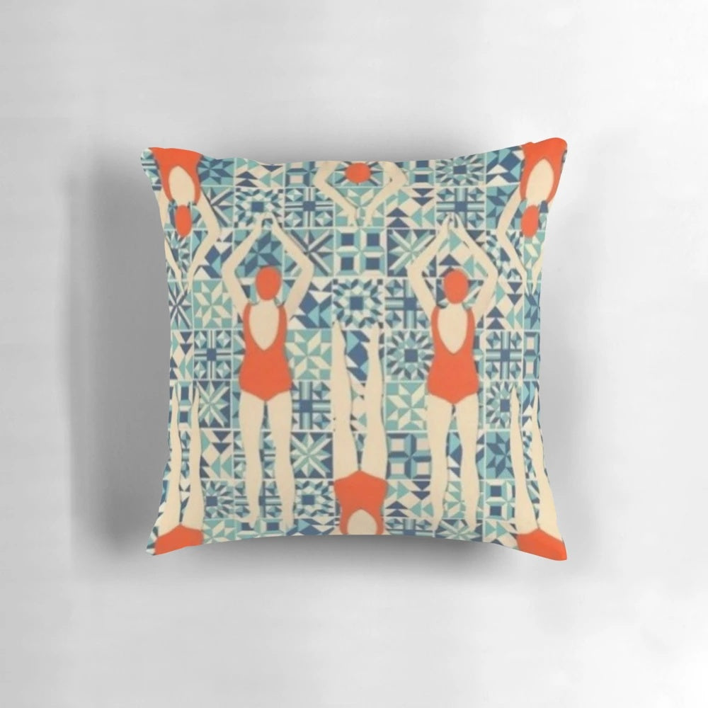 Vintage-inspired decorative pillow featuring a retro swimming ladies pattern design by artist Christopher Moore