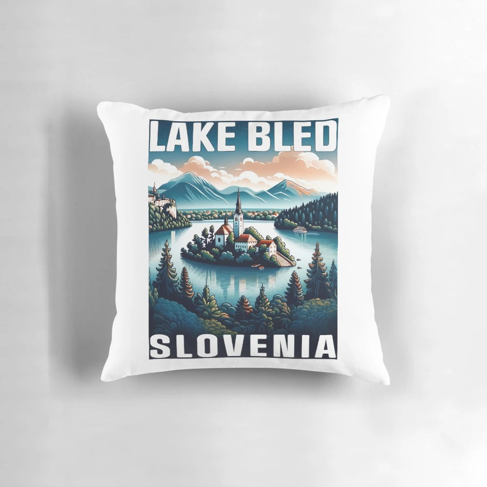 Vintage minimalist retro design travel poster featuring the stunning Lake Bled in Slovenia, set against the backdrop of the Julian Alps.