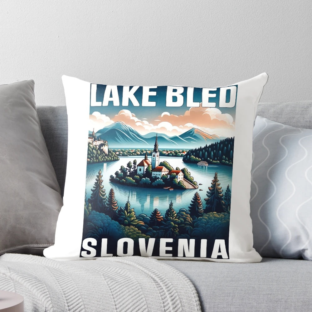Vintage minimalist retro design travel poster featuring the stunning Lake Bled in Slovenia, set against the backdrop of the Julian Alps.