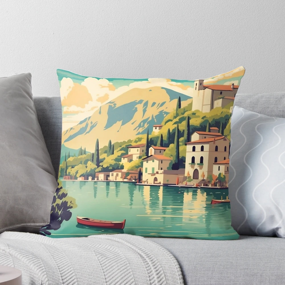 Retro travel poster featuring a scenic landscape of Lake Garda, Italy, printed on a high-quality pillow for vintage-inspired home decor.
