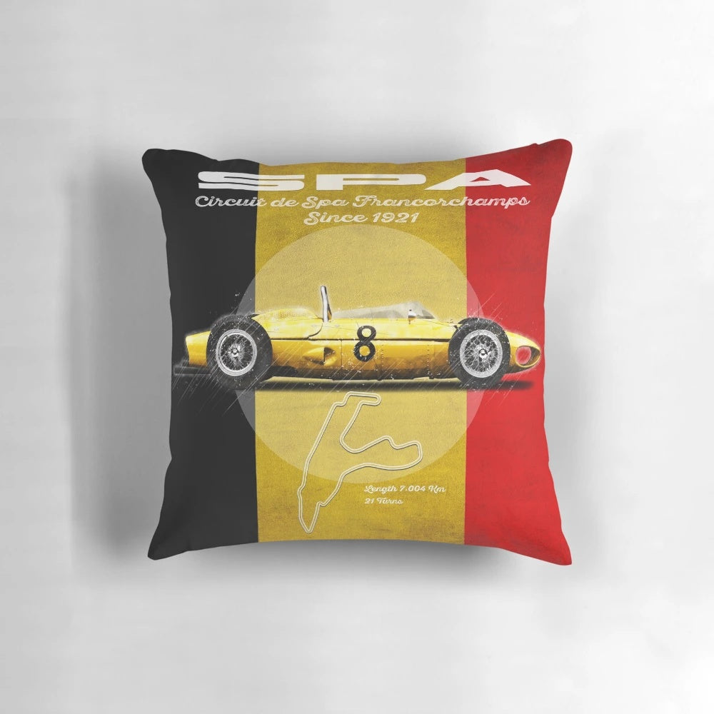 Vintage-style landscape printed pillow with racing elements like racetrack, race cars, and motorsports imagery.