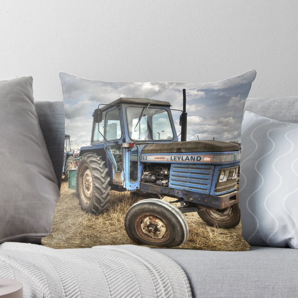 Leyland 262 tractor pillow in blue, a vintage British farming equipment piece for rustic or farmhouse home decor