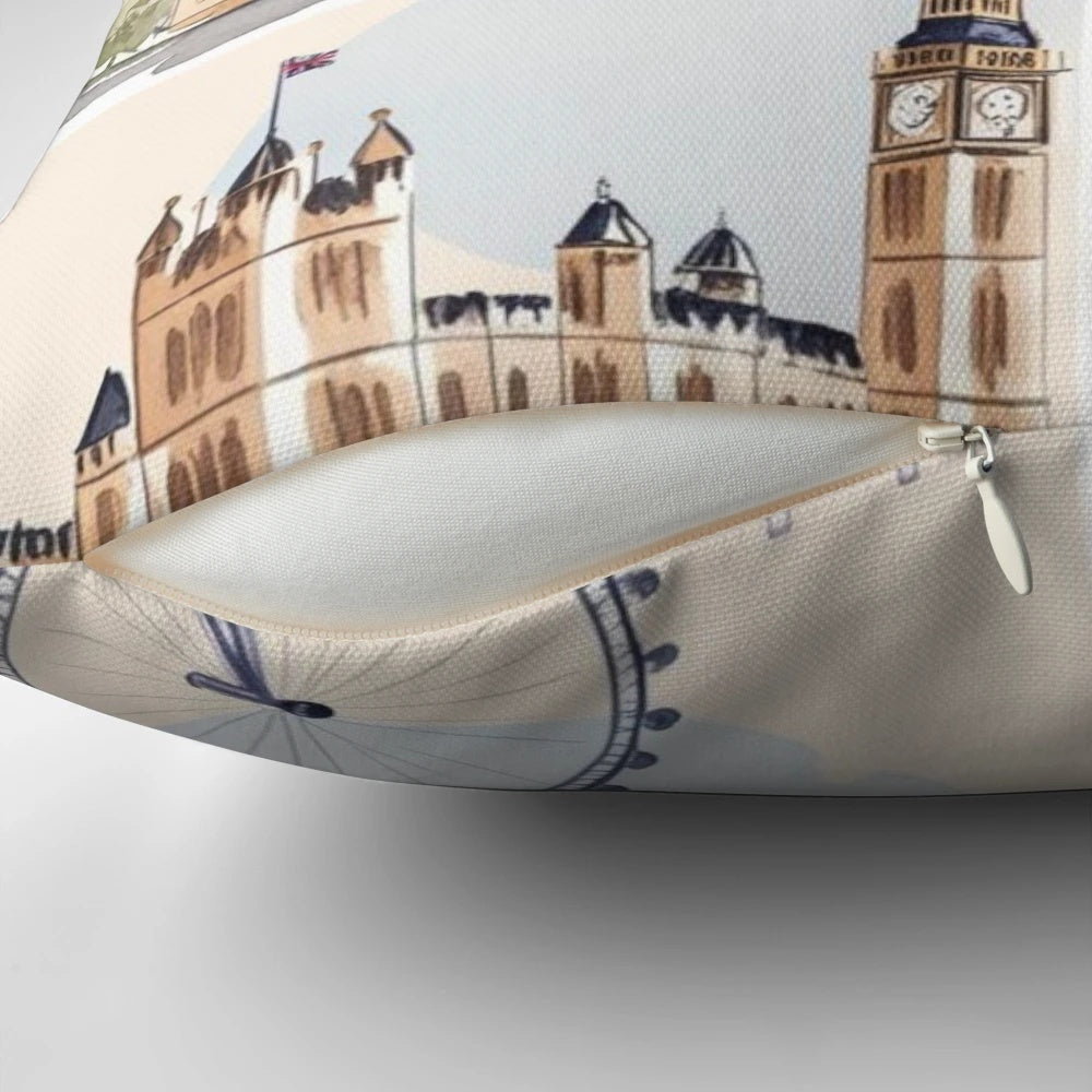 Vintage-style watercolor illustration of iconic London landmarks like Big Ben and the London Eye