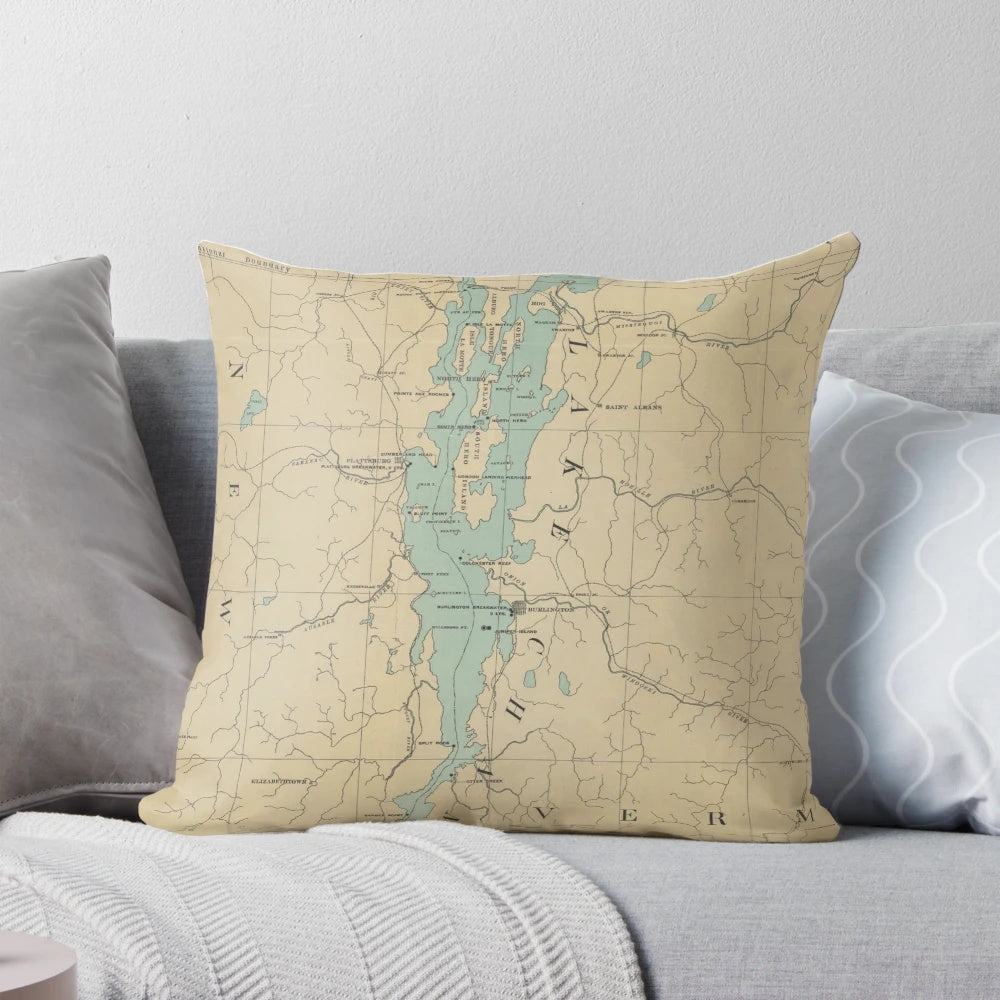 Vintage map of Lake Champlain lighthouses on a throw pillow