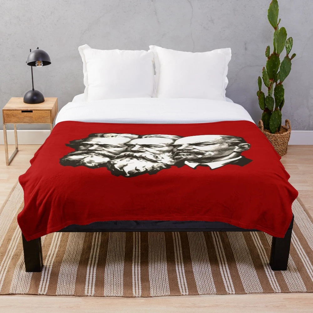 Vintage Marxist Plush Blanket featuring the faces of Karl Marx, Friedrich Engels, and Vladimir Lenin