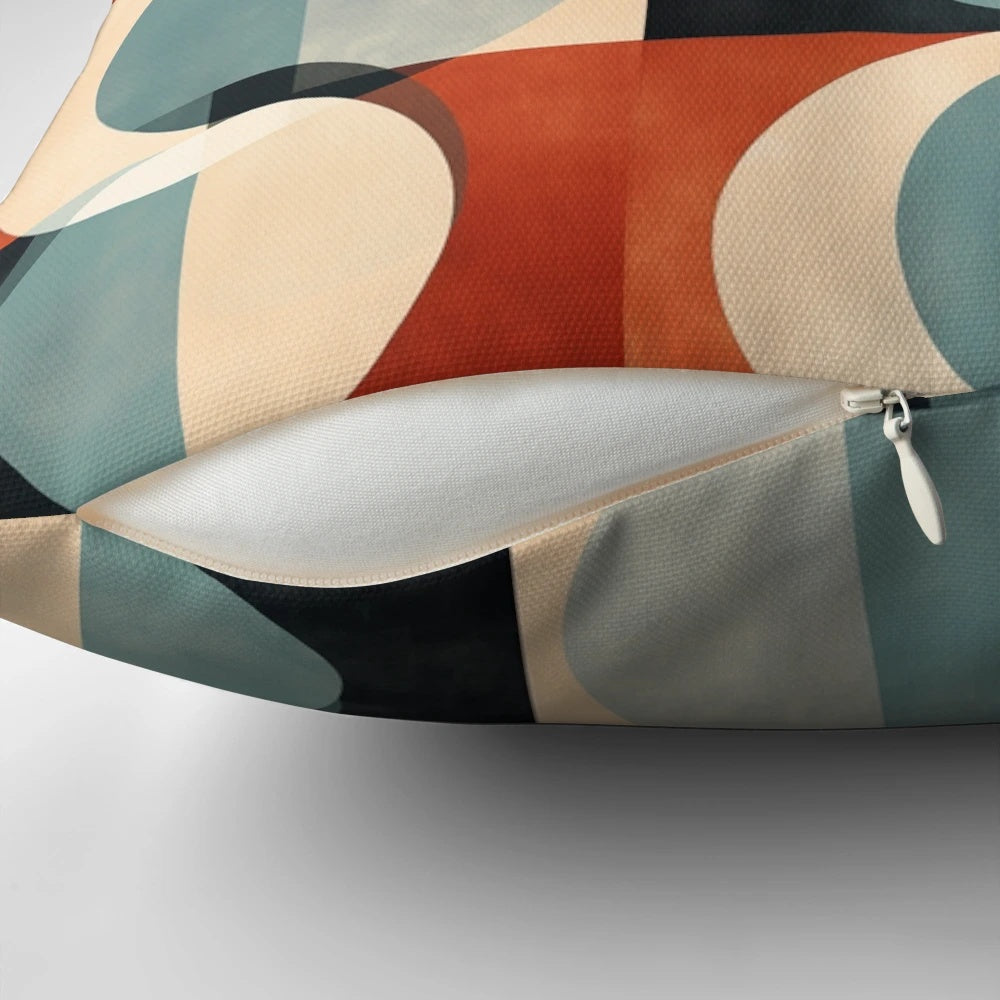 Mid century abstract retro geometric art pillow with overlapping circle pattern in gradient shades of rust and neutral tones