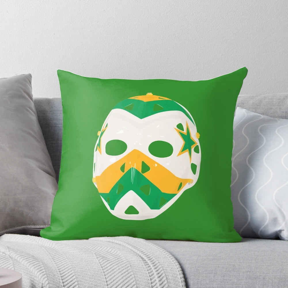 Vintage Minnesota North Stars hockey goalie mask pillow featuring retro team colors and logo