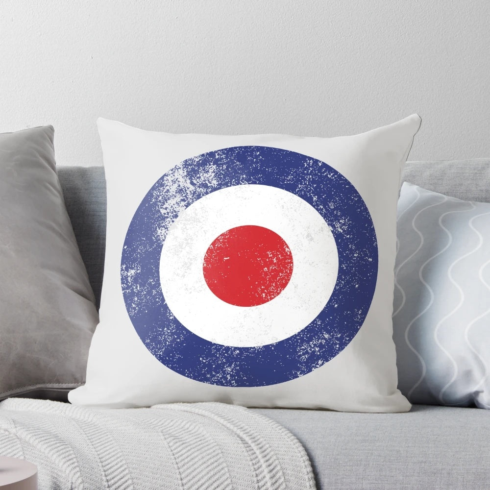 Vintage-style pillow featuring a distressed mod target logo design inspired by the iconic RAF type D roundel