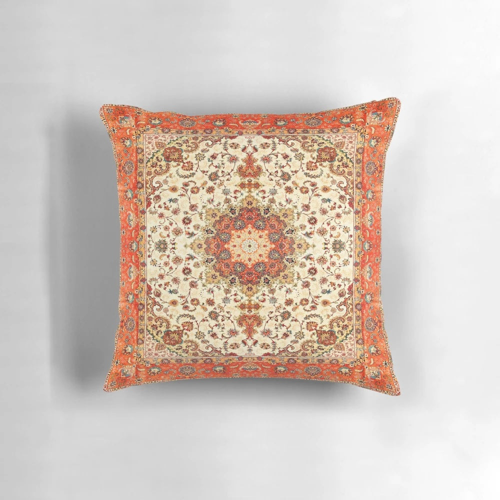Handmade orange moroccan style pillow with traditional bohemian and vintage design elements