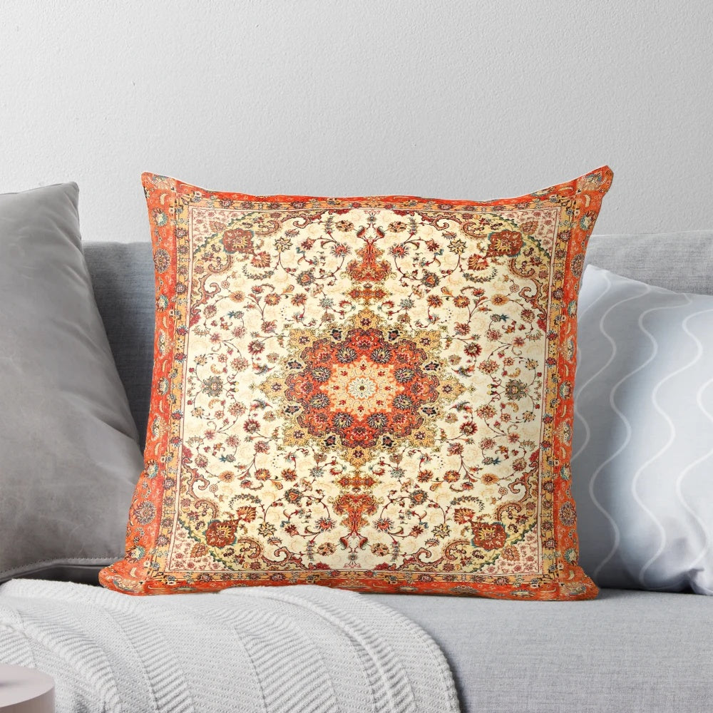 Handmade orange moroccan style pillow with traditional bohemian and vintage design elements