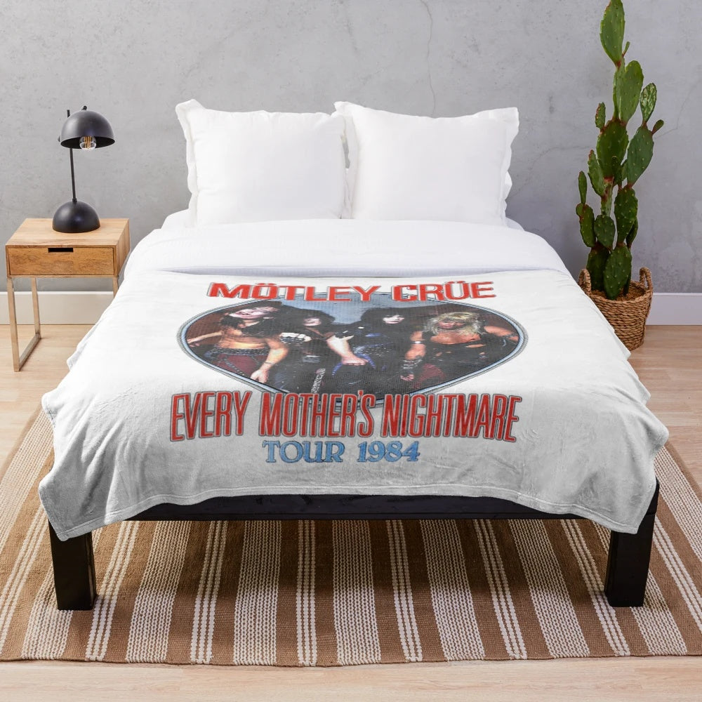 Vintage Motley Crue inspired plush blanket featuring band's logo and imagery