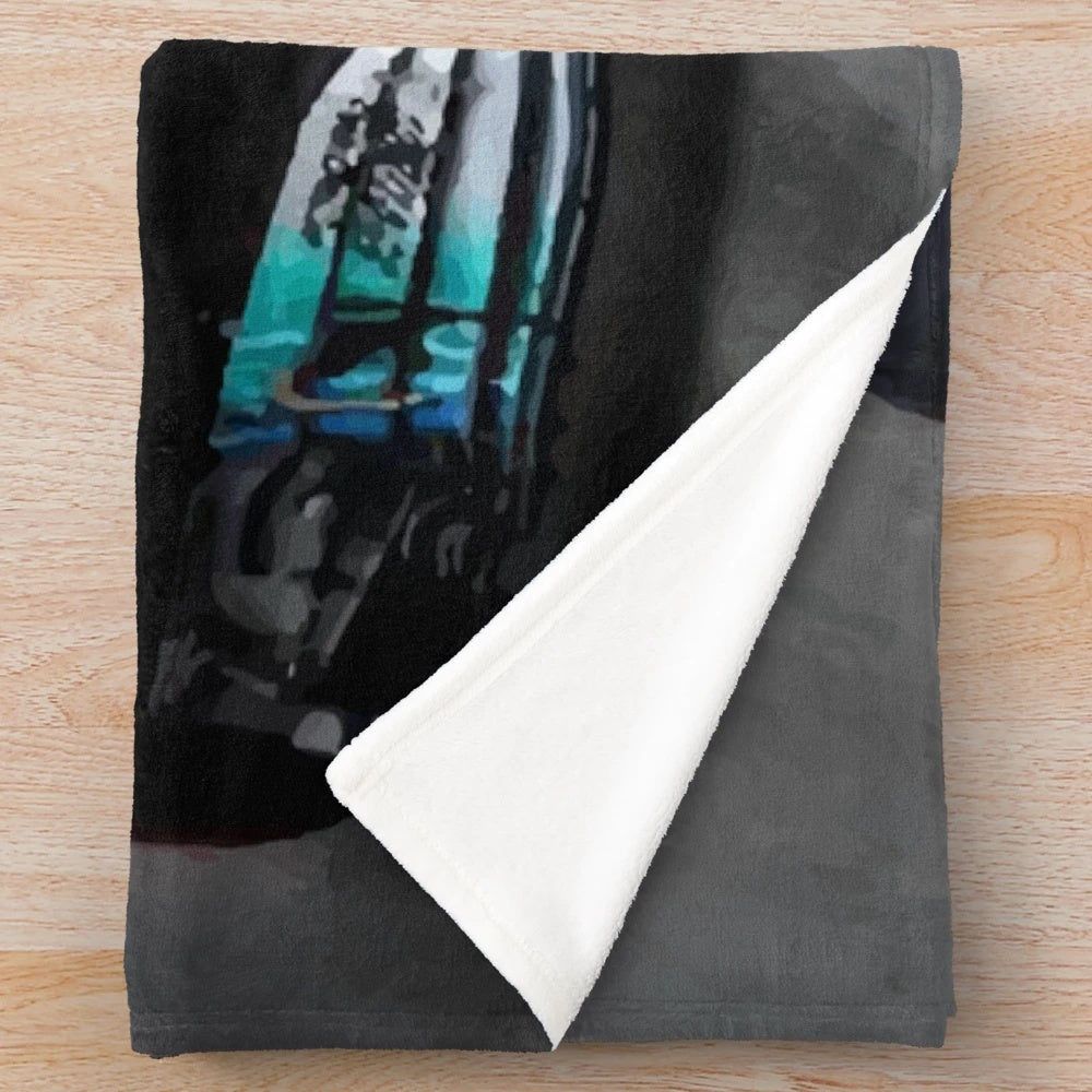 Vintage motorsport digital art illustration of Lewis Hamilton's Formula 1 car on a plush blanket