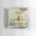 Antique illustration of a Mughal king riding a horse in a lush garden