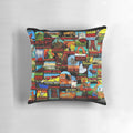 Vintage-inspired travel decal collage throw pillow featuring national park imagery and retro graffiti elements.