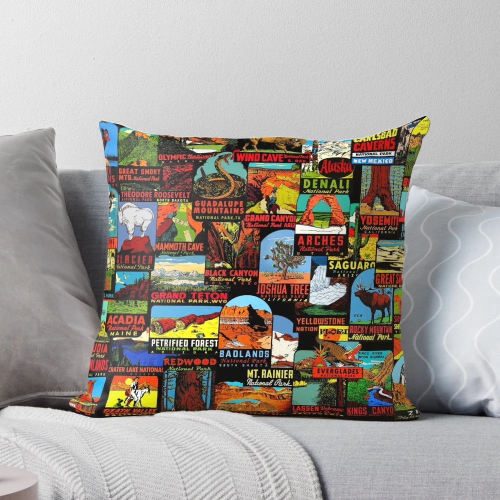 Vintage-inspired travel decal collage throw pillow featuring national park imagery and retro graffiti elements.