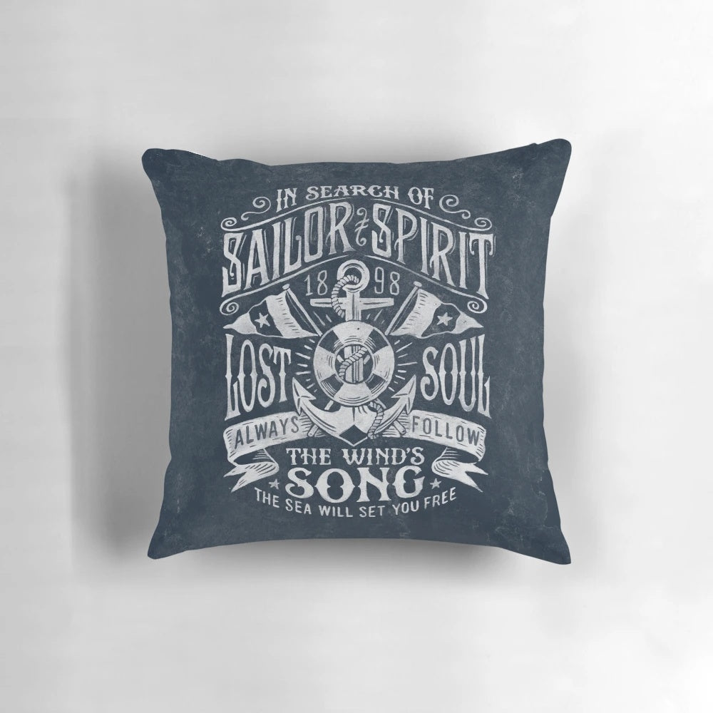 Vintage-inspired nautical "Sailor Spirit" decorative throw pillow with hand-drawn design